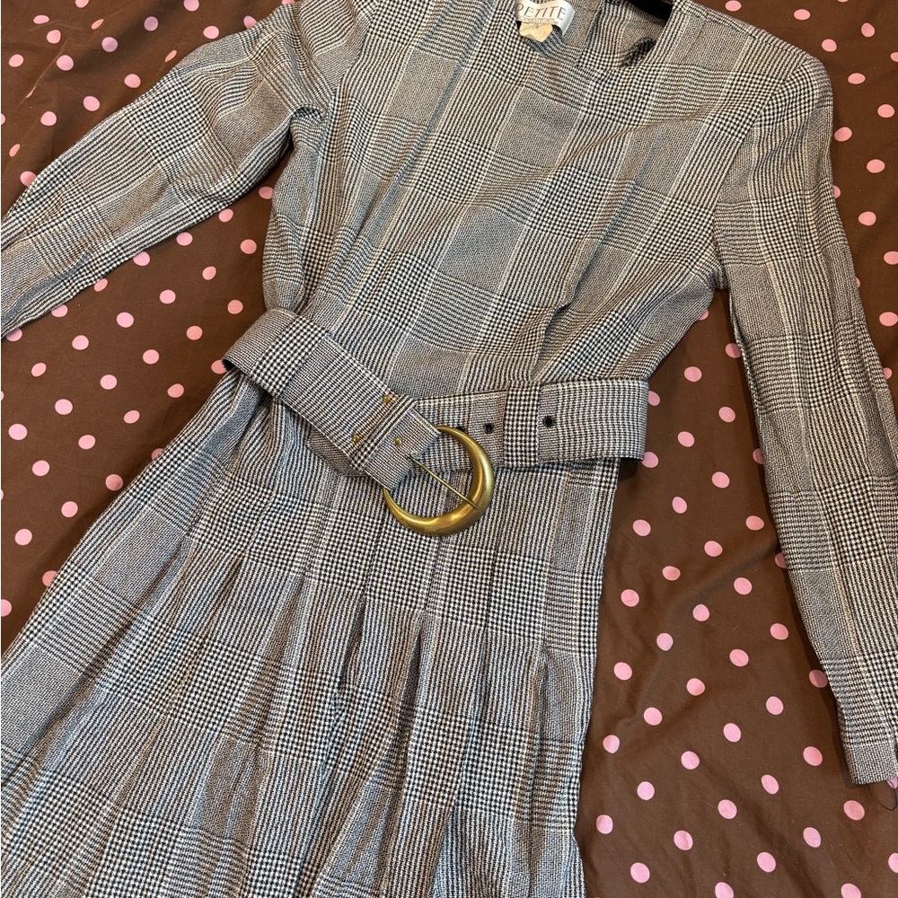 Petite Sophisticate Plaid Long-Sleeve shoulder pad Belted Dress